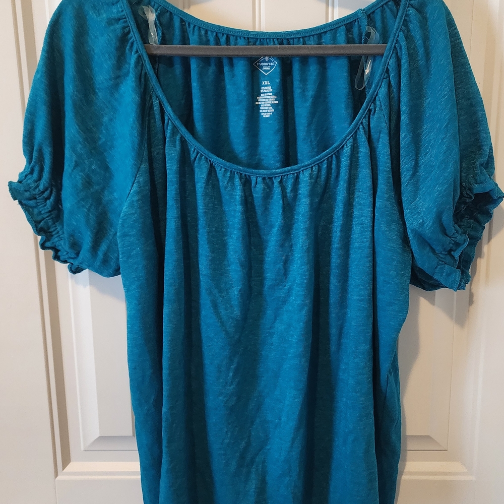 Blue Puff Sleeve Ruched Blouse